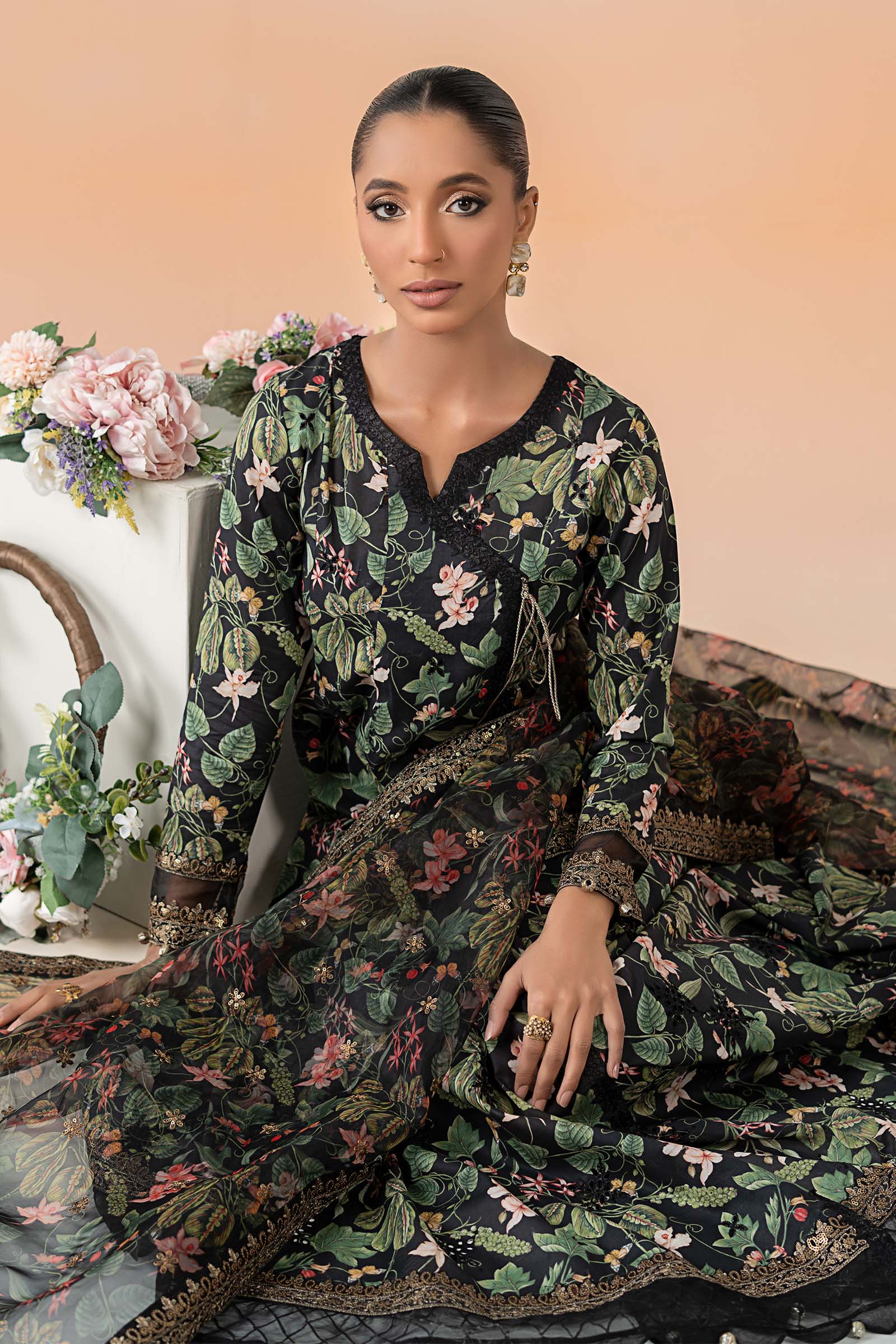 Pakistani Black Embroidered Lawn Angrakha (3-Piece) - Image 3