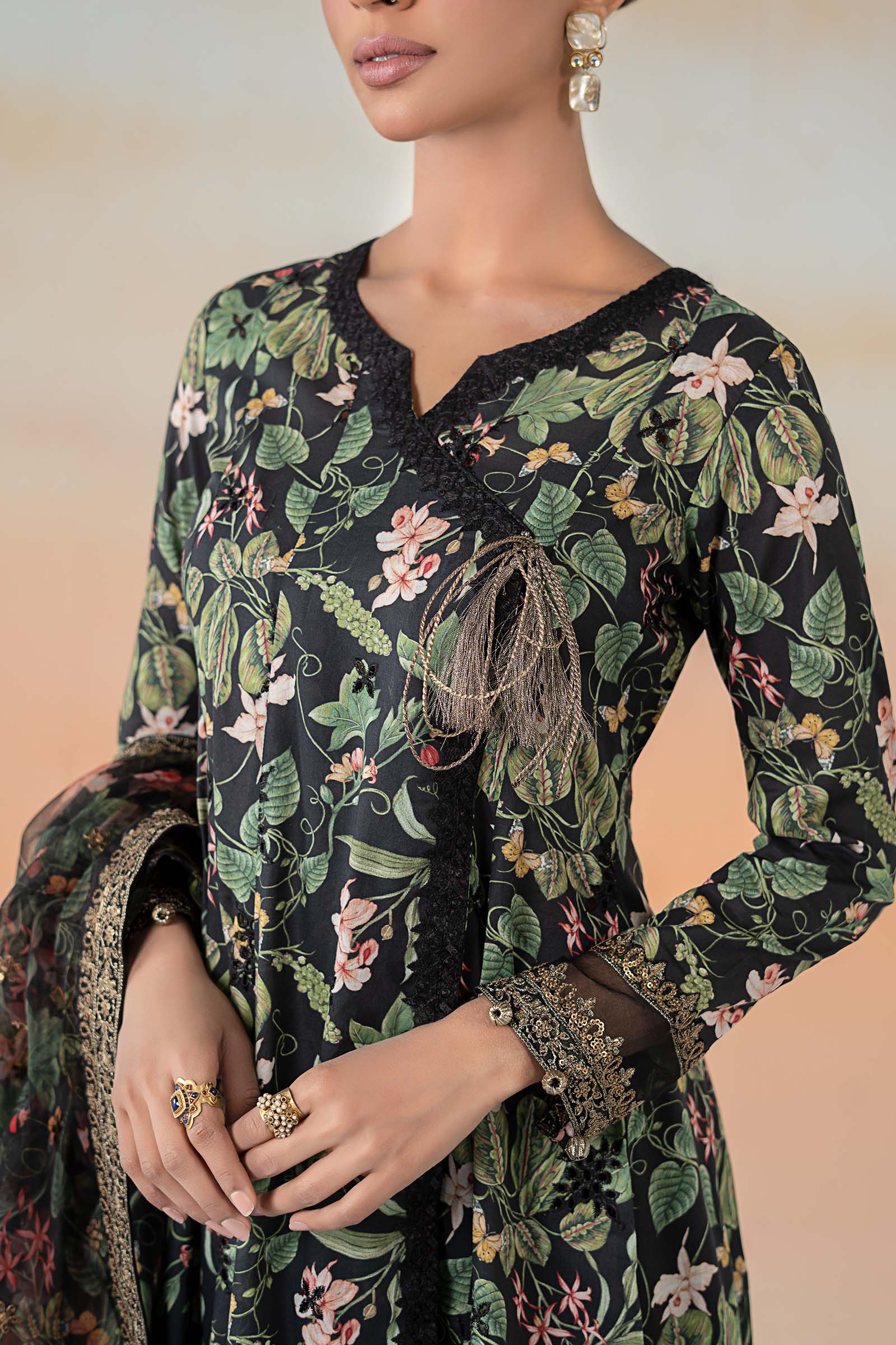 Pakistani Black Embroidered Lawn Angrakha (3-Piece) - Image 4