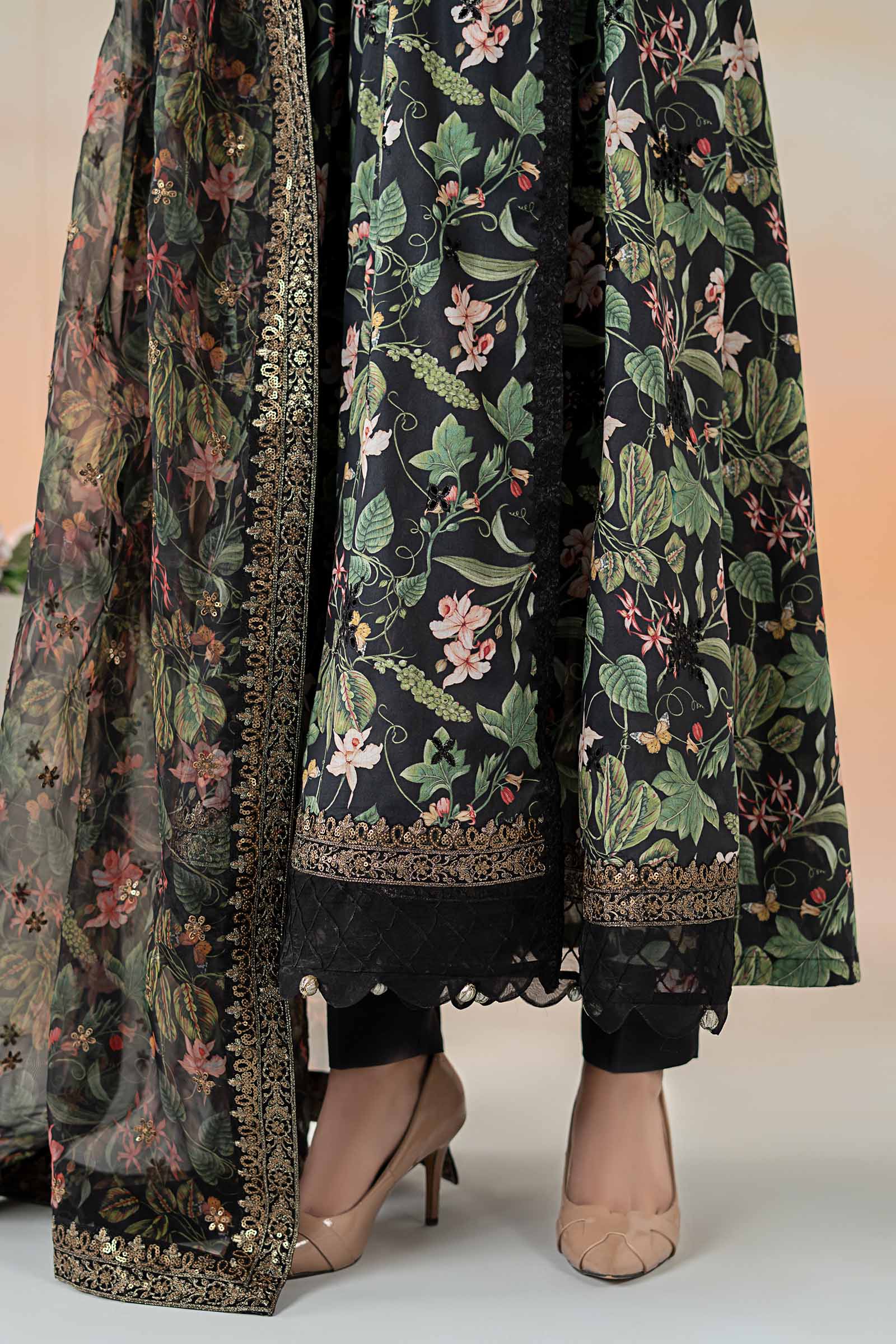 Pakistani Black Embroidered Lawn Angrakha (3-Piece) - Image 5