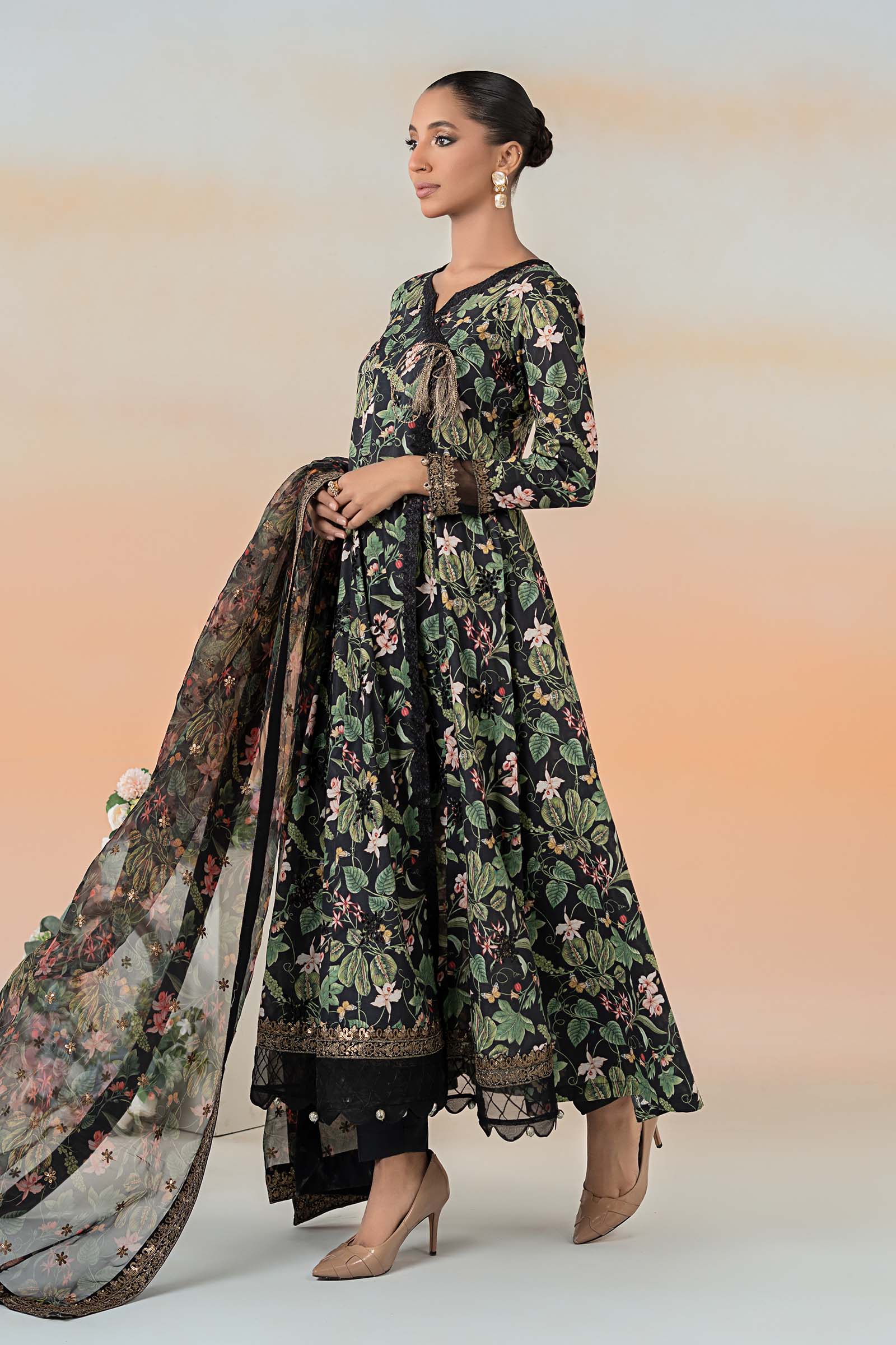 Pakistani Black Embroidered Lawn Angrakha (3-Piece) - Image 6