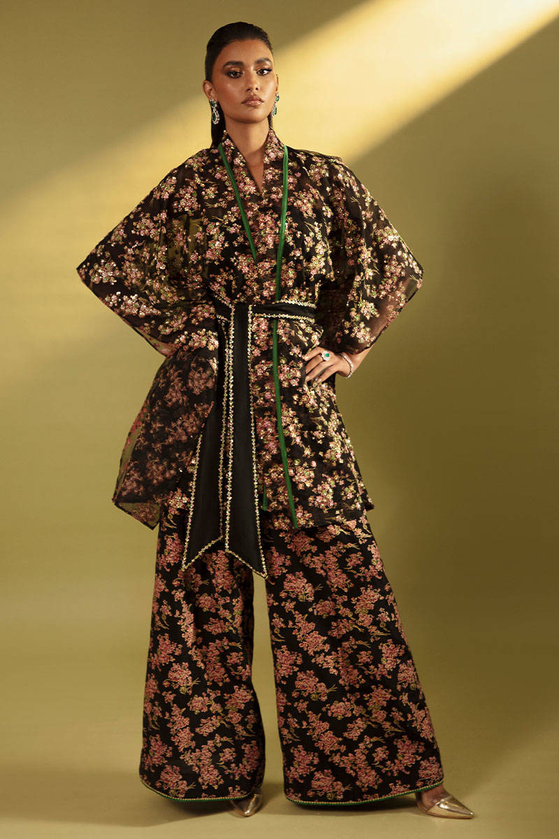 Pakistani Black Printed Embellished Organza Angrakha (2-Piece) - Image 1