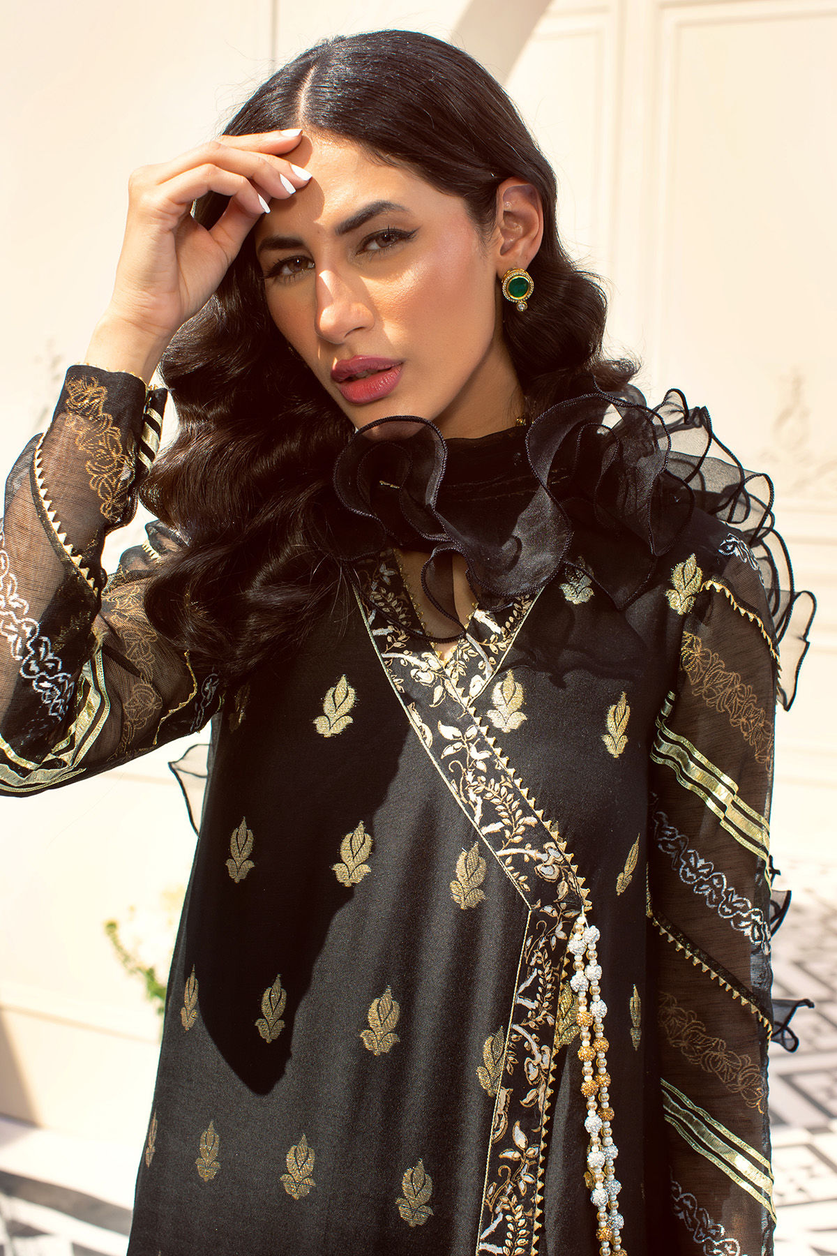 Black Gota Lorex Silk Net Angrakha (3-Piece) - Image 6