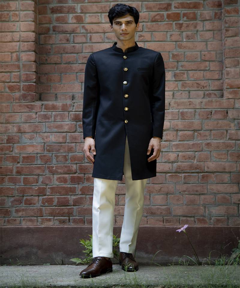 Black Cotton-Poly Achkan with Kundan Buttons (2-Piece) - Image 1