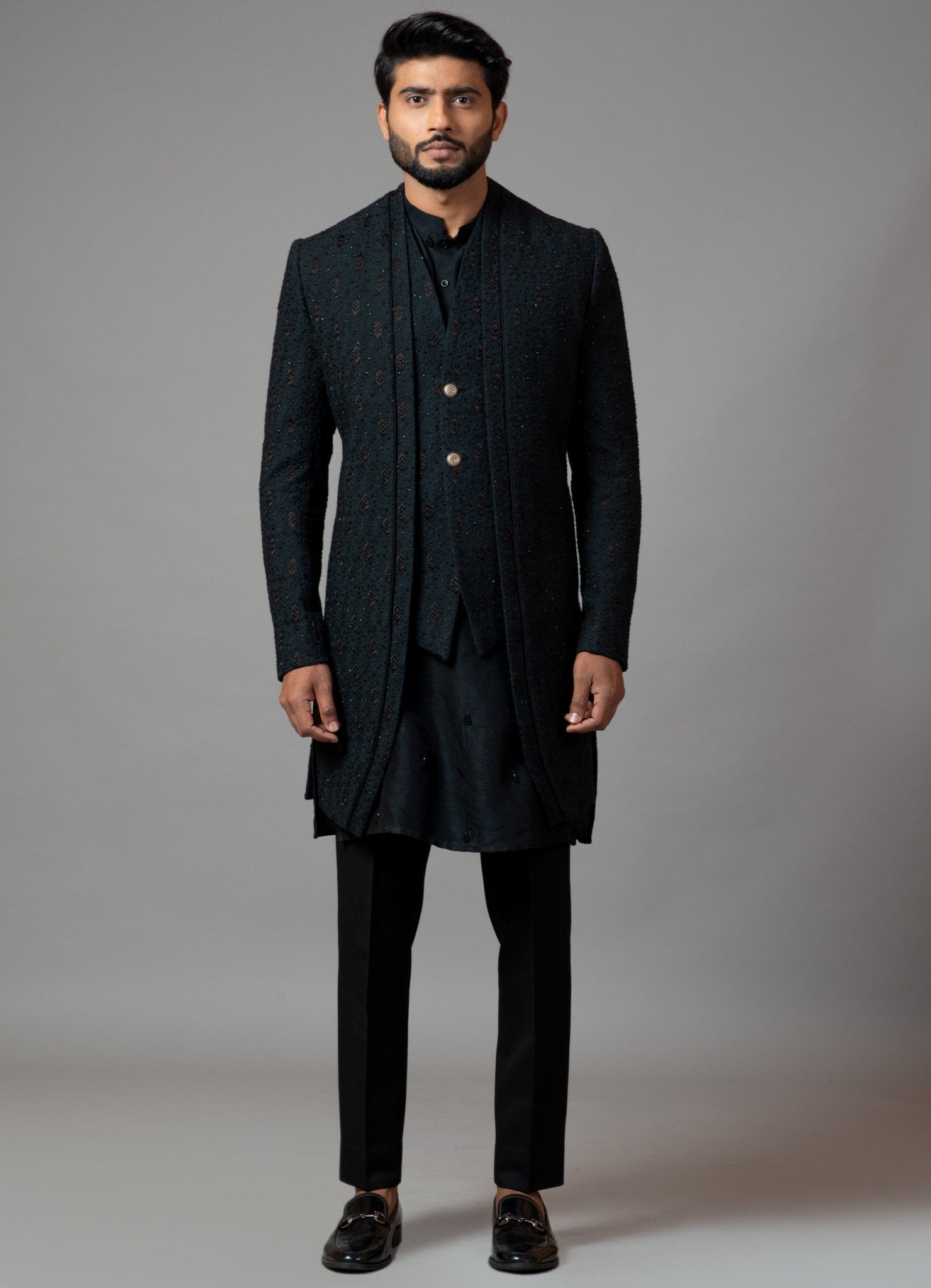 Black Embroidered Kora Silk Achkan (3-Piece) - Image 1