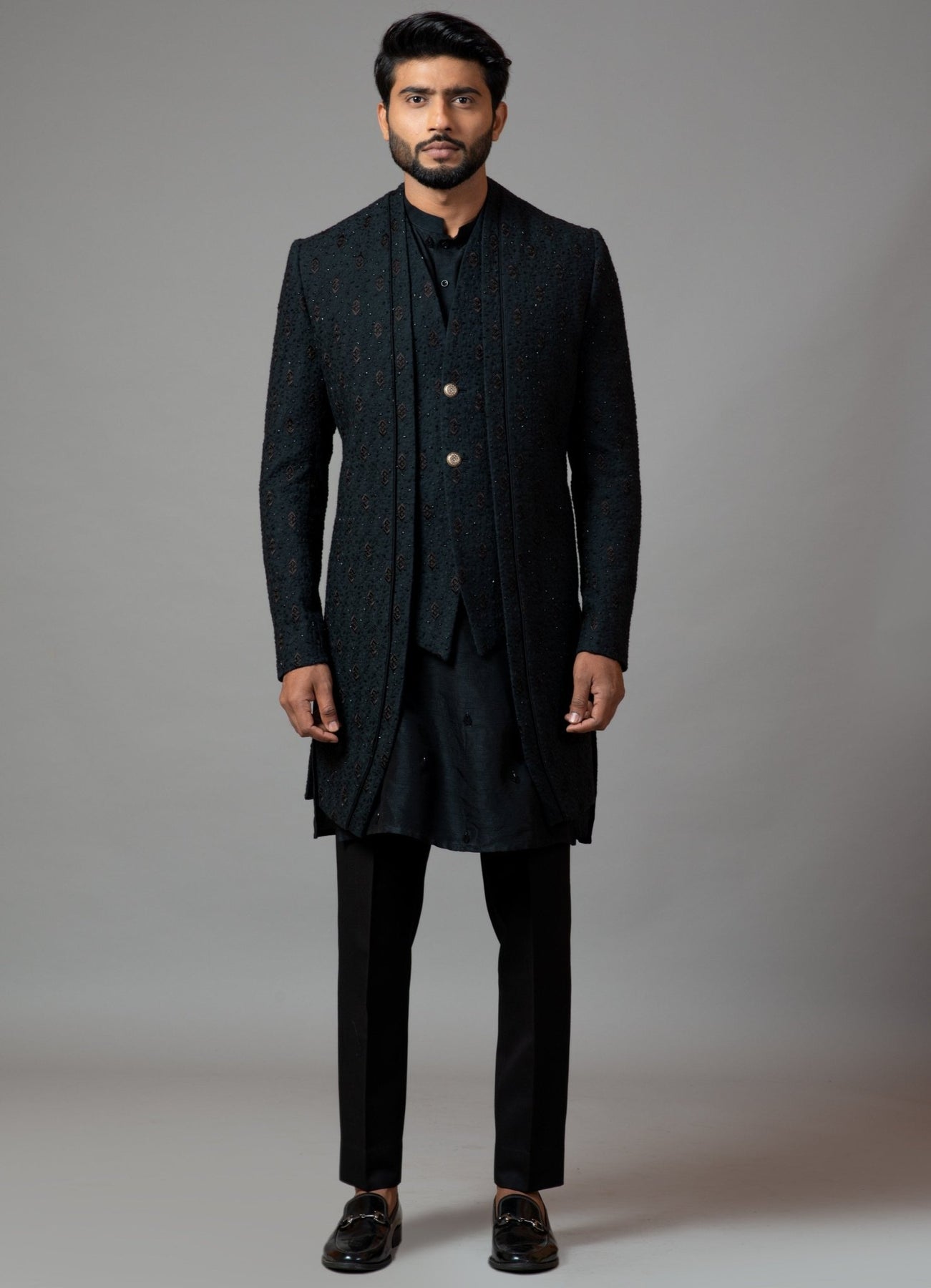 Black Embroidered Kora Silk Achkan (3-Piece) - Image 2