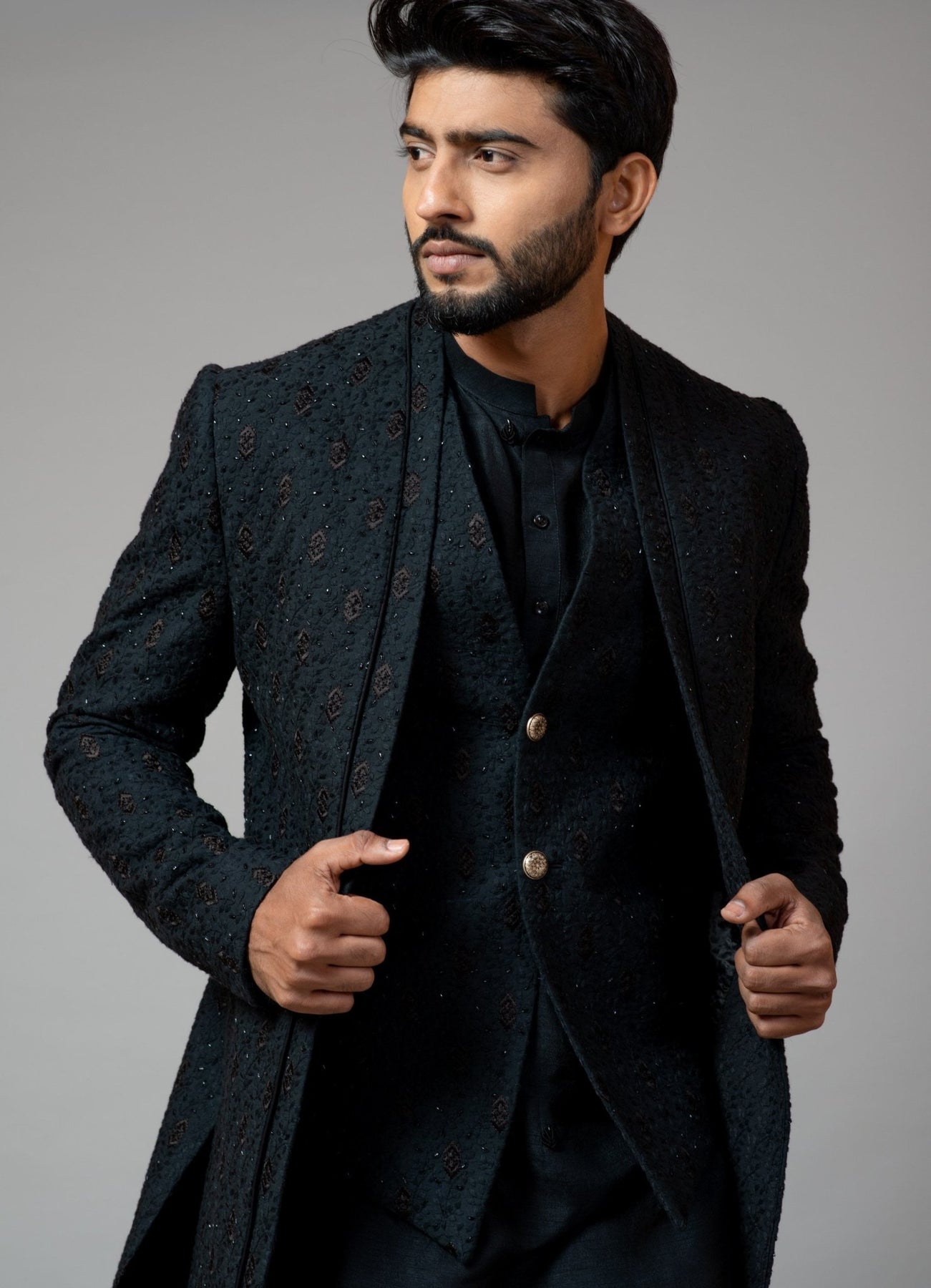 Black Embroidered Kora Silk Achkan (3-Piece) - Image 3