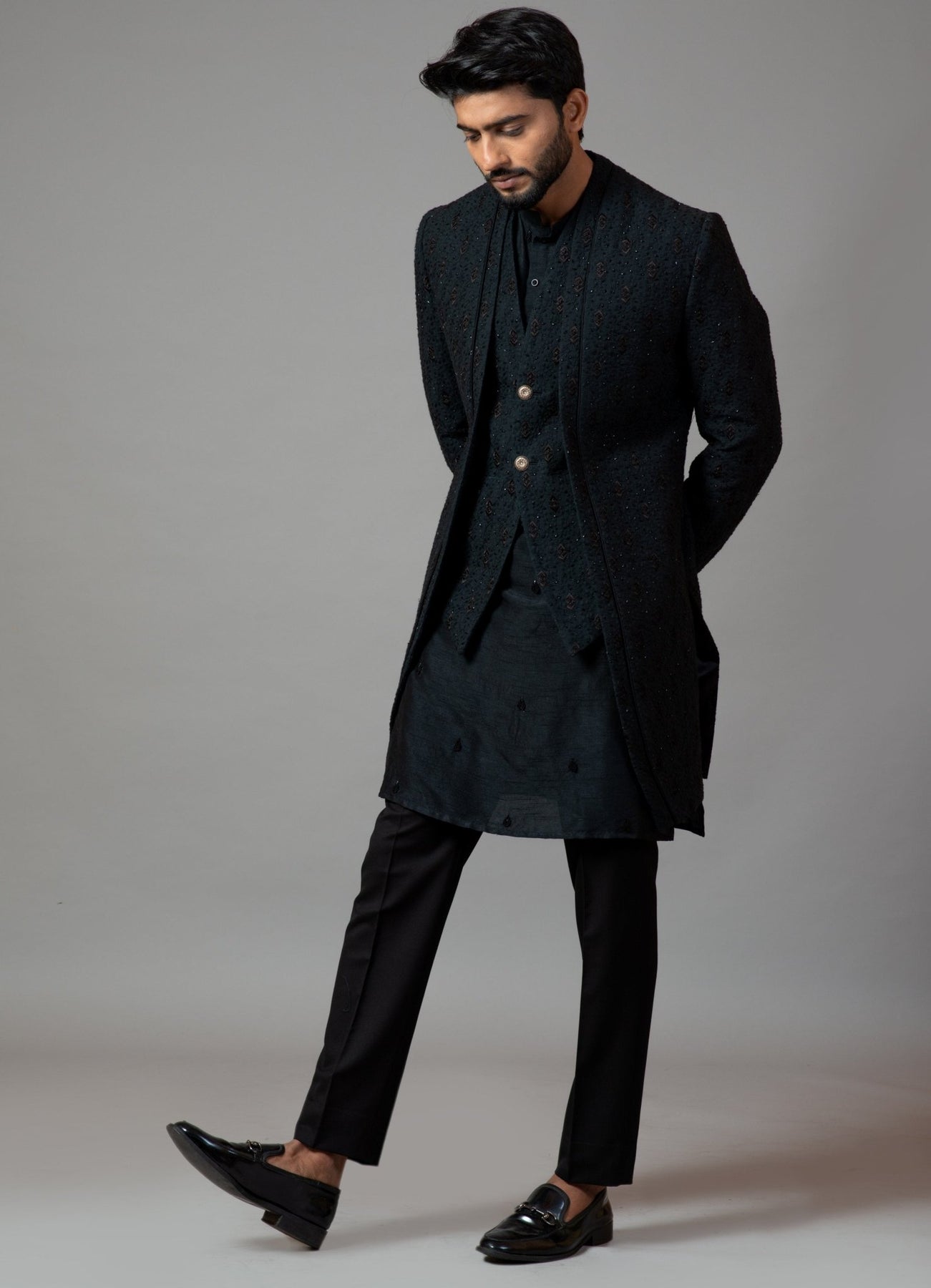 Black Embroidered Kora Silk Achkan (3-Piece) - Image 4
