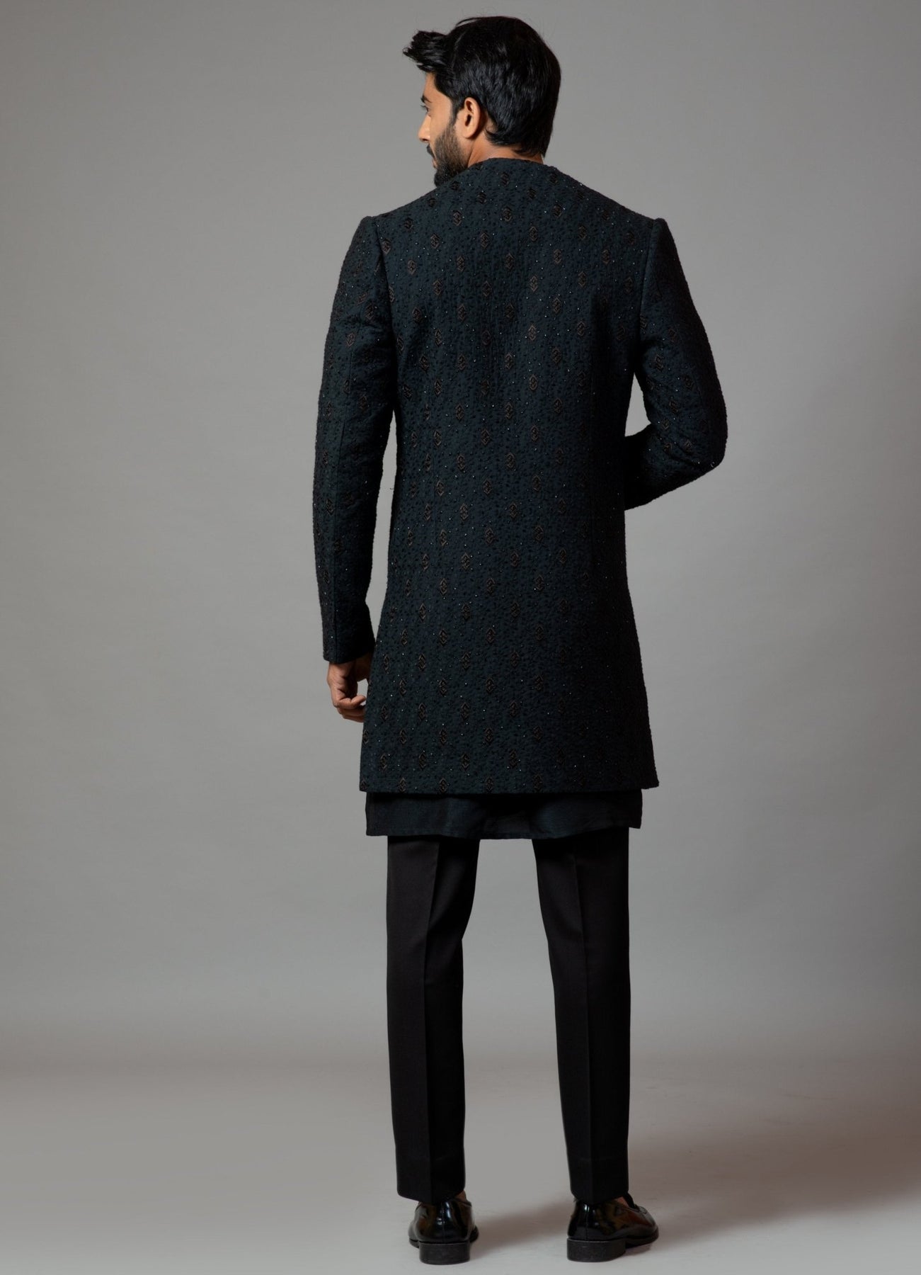 Black Embroidered Kora Silk Achkan (3-Piece) - Image 5
