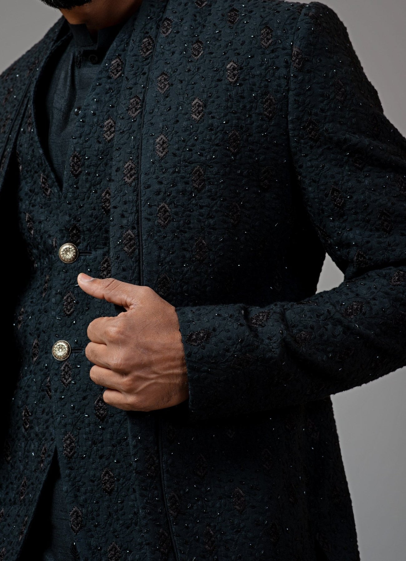 Black Embroidered Kora Silk Achkan (3-Piece) - Image 6