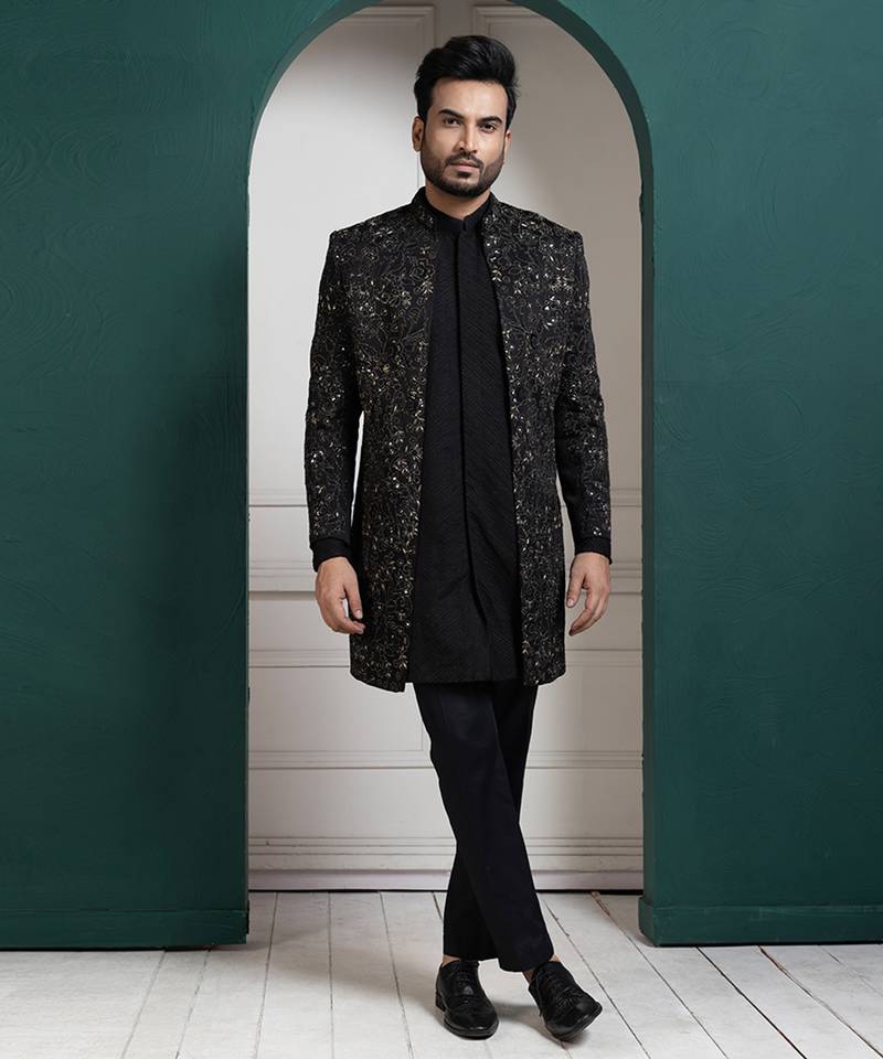 Midnight Black Embroidered Linen Achkan (2-Piece) - Image 1