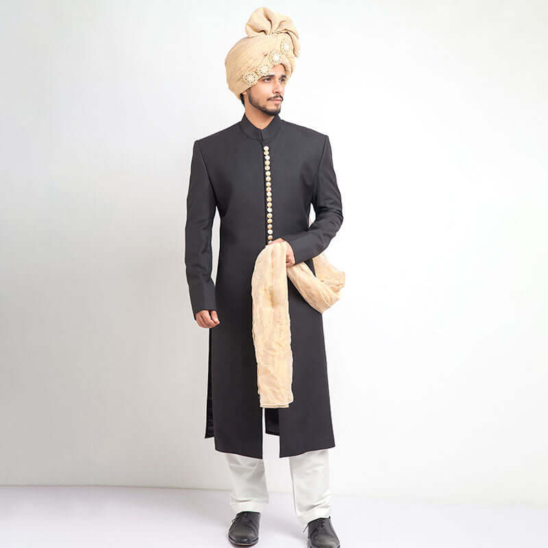 Jet Black 130-Suiting Achkan Sherwani (3-Piece) - Image 1