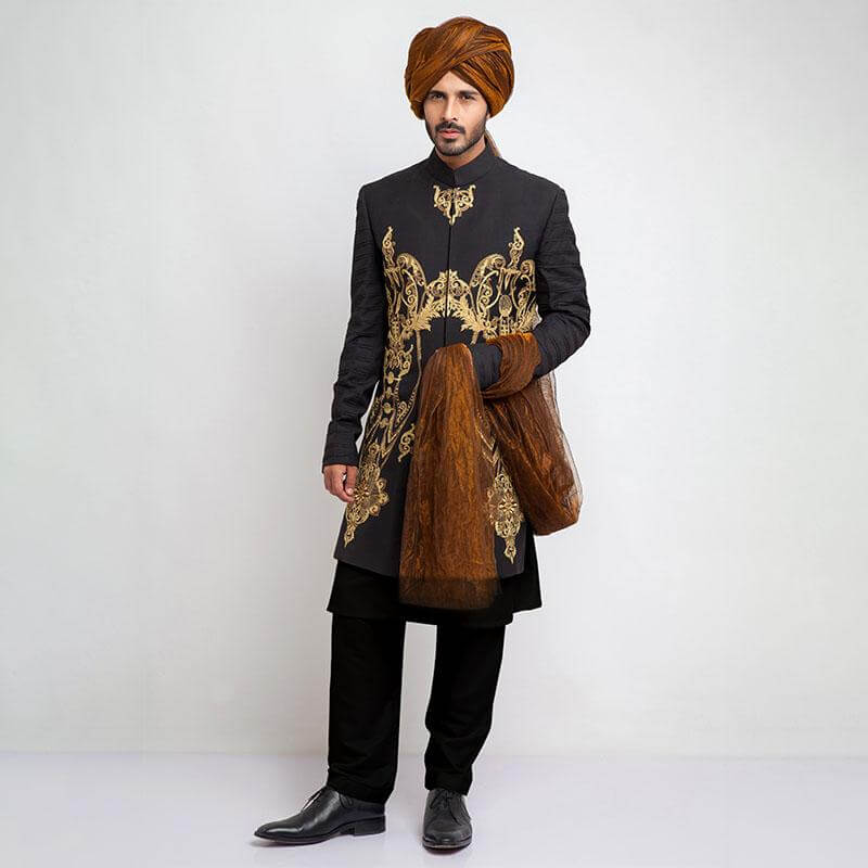 Black Gold Embroidered 130-Suiting Achkan Sherwani (4-Piece) - Image 1