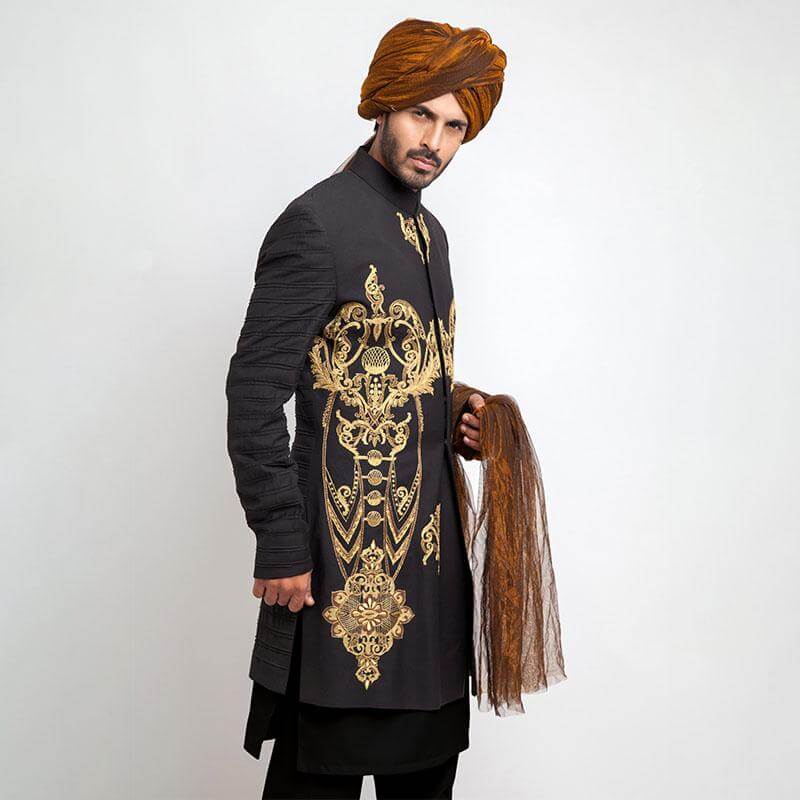 Black Gold Embroidered 130-Suiting Achkan Sherwani (4-Piece) - Image 2