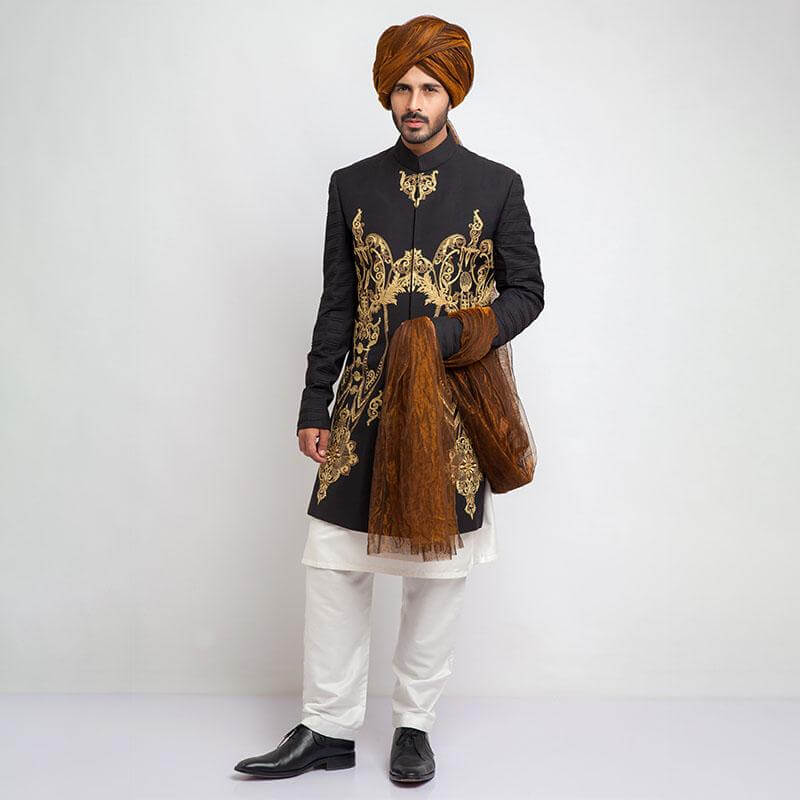 Black Gold Embroidered 130-Suiting Achkan Sherwani (4-Piece) - Image 4