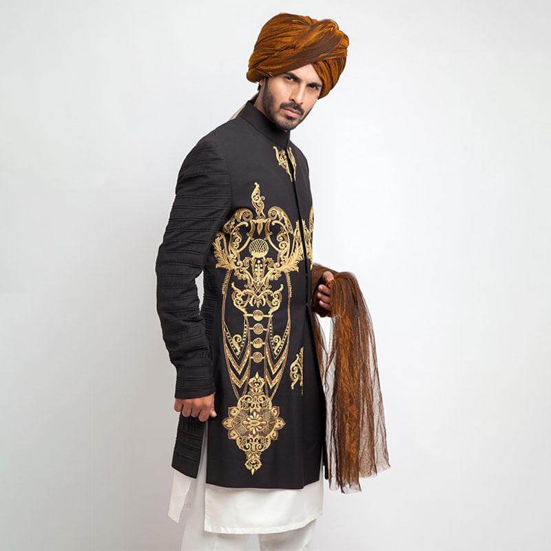 Black Gold Embroidered 130-Suiting Achkan Sherwani (4-Piece) - Image 5