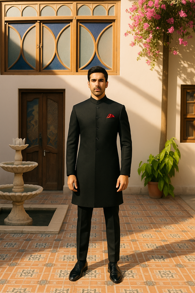 Black Armani Fabric Achkan Sherwani (3-Piece) - Image 1