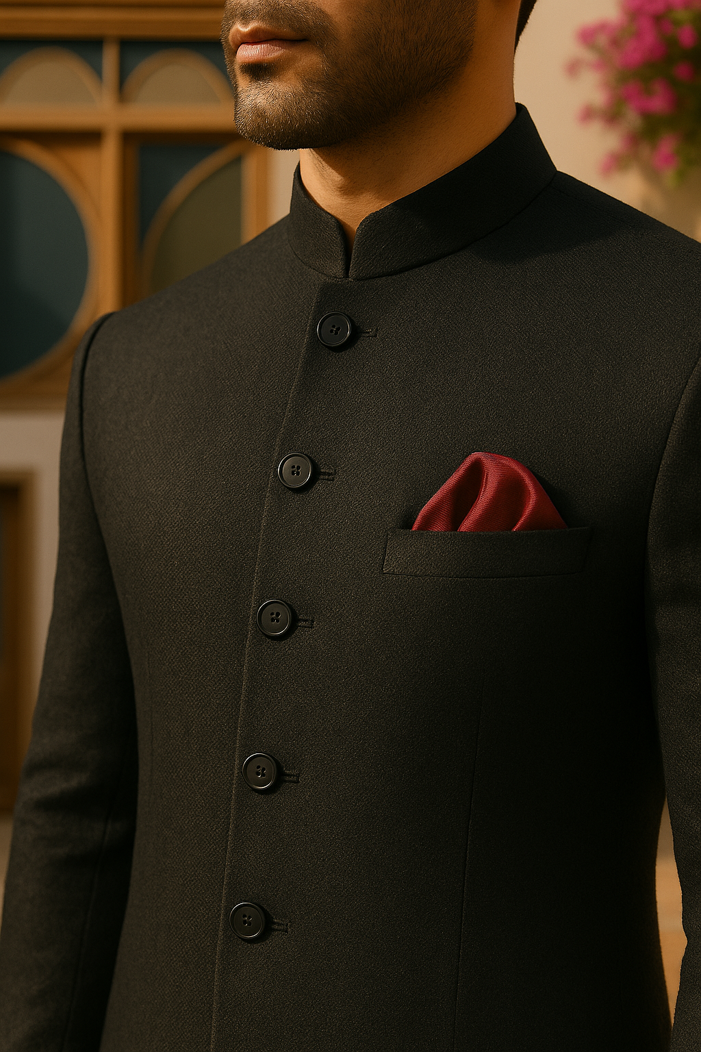 Black Armani Fabric Achkan Sherwani (3-Piece) - Image 2