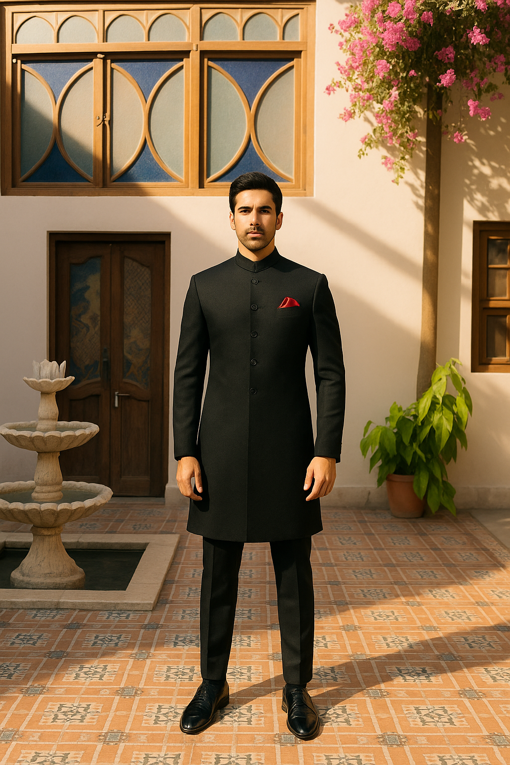Black Armani Fabric Achkan Sherwani (3-Piece) - Image 3