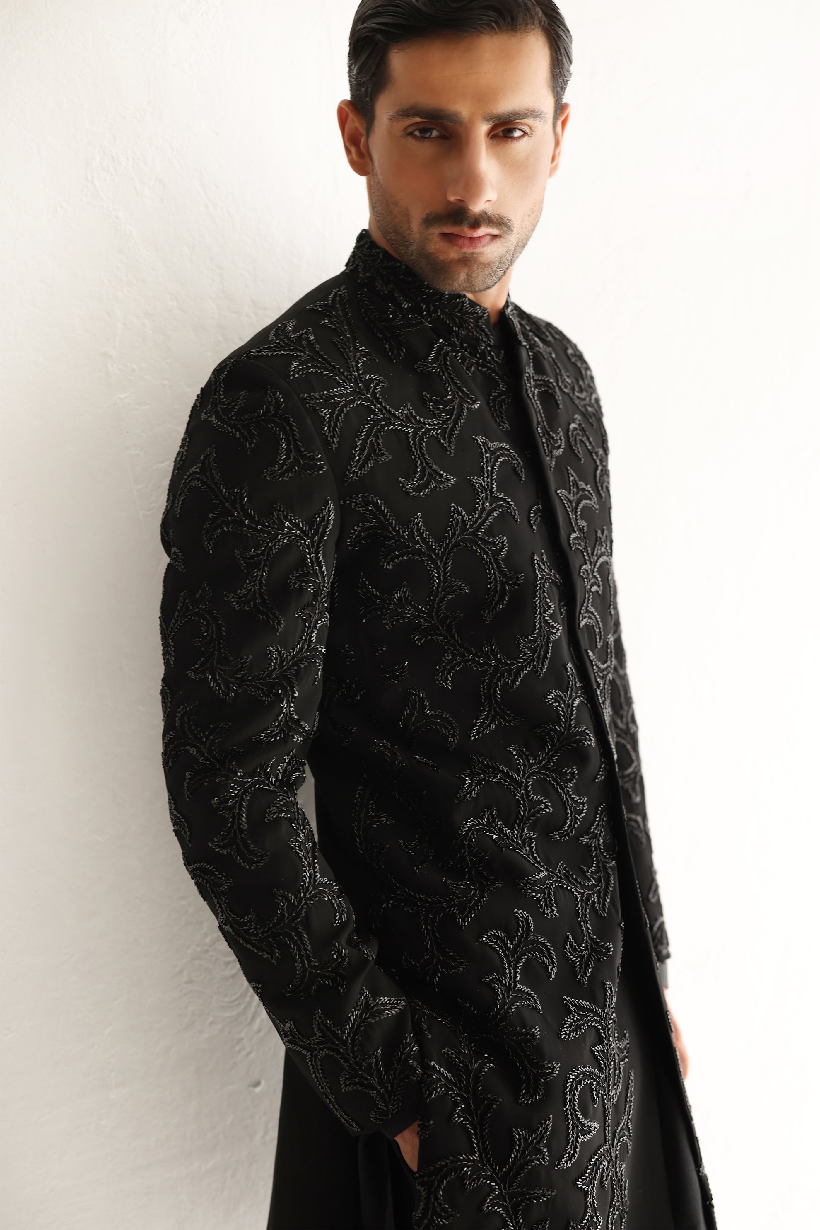 Black Hand-Embellished Armani Sherwani (3-Piece) - Image 3
