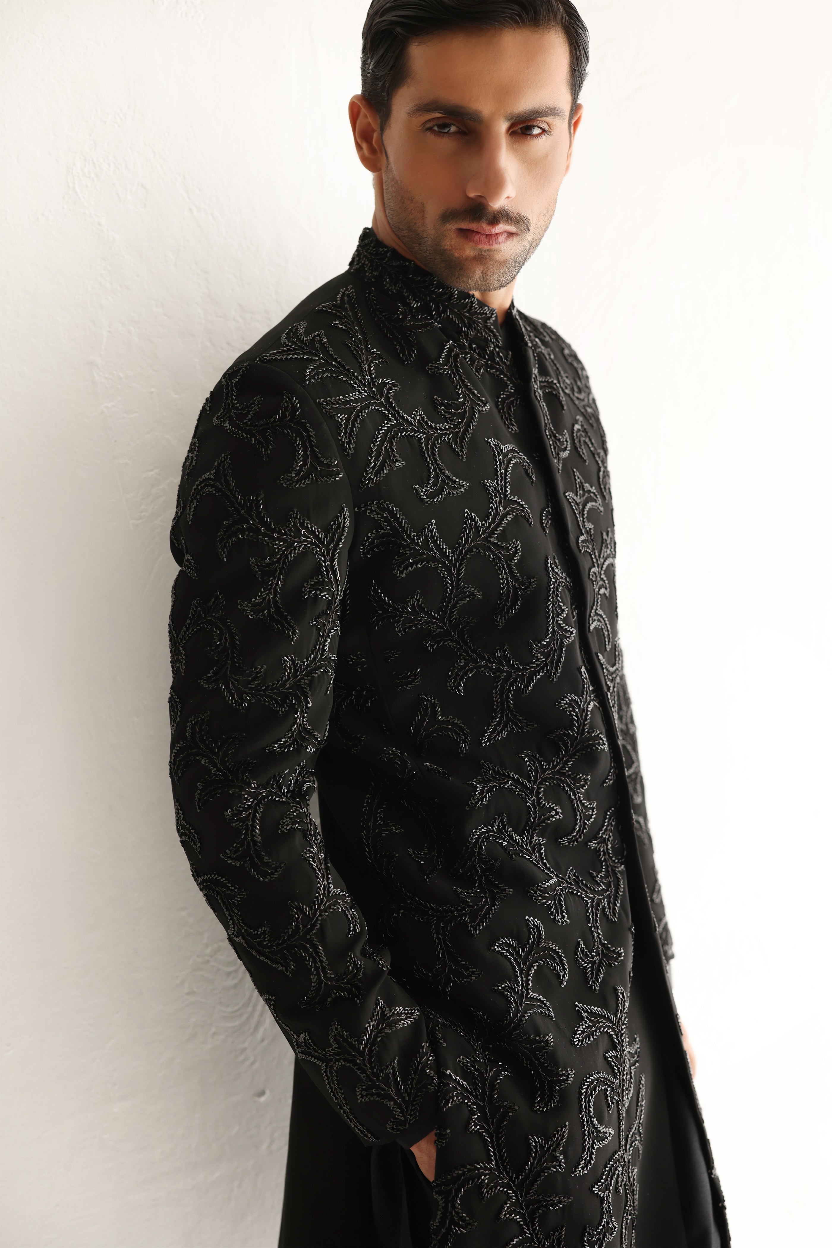 Black Hand-Embellished Armani Sherwani (3-Piece) - Image 4