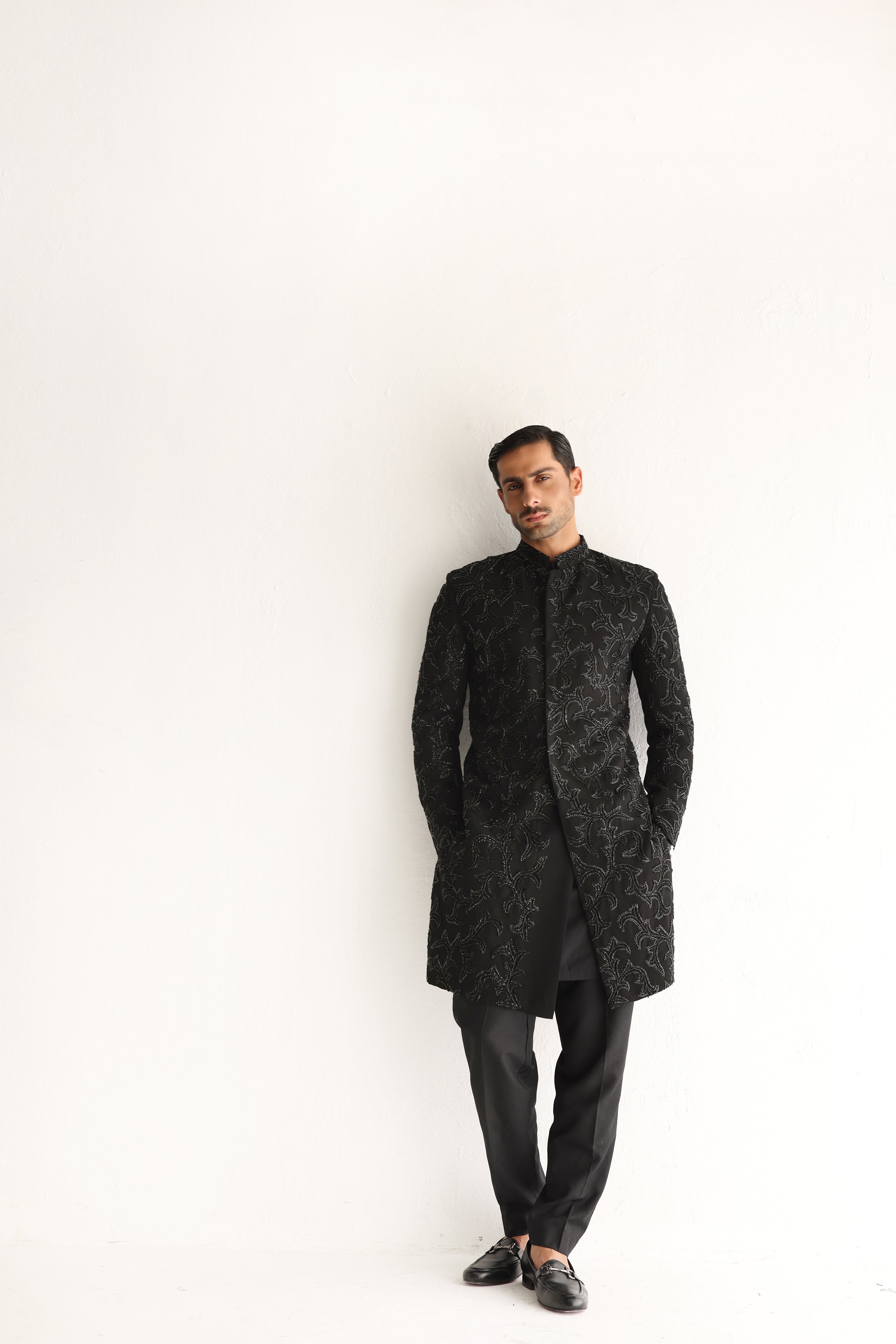 Black Hand-Embellished Armani Sherwani (3-Piece) - Image 5