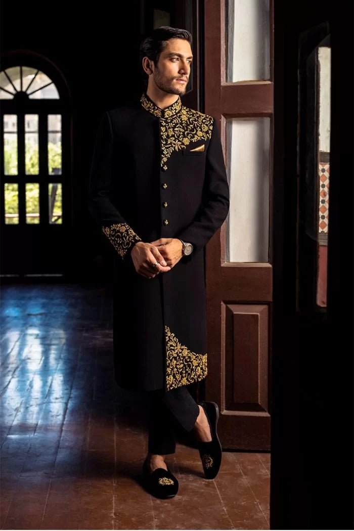 Black Gold Embroidered Armani Sherwani (2-Piece) - Image 2