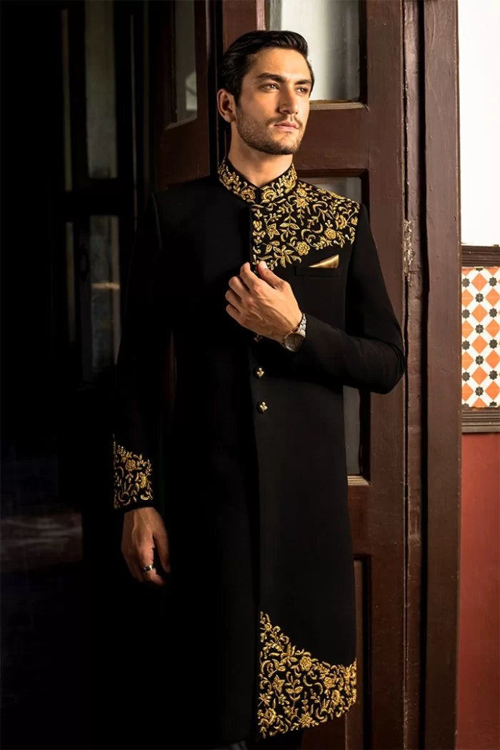 Black Gold Embroidered Armani Sherwani (2-Piece) - Image 3