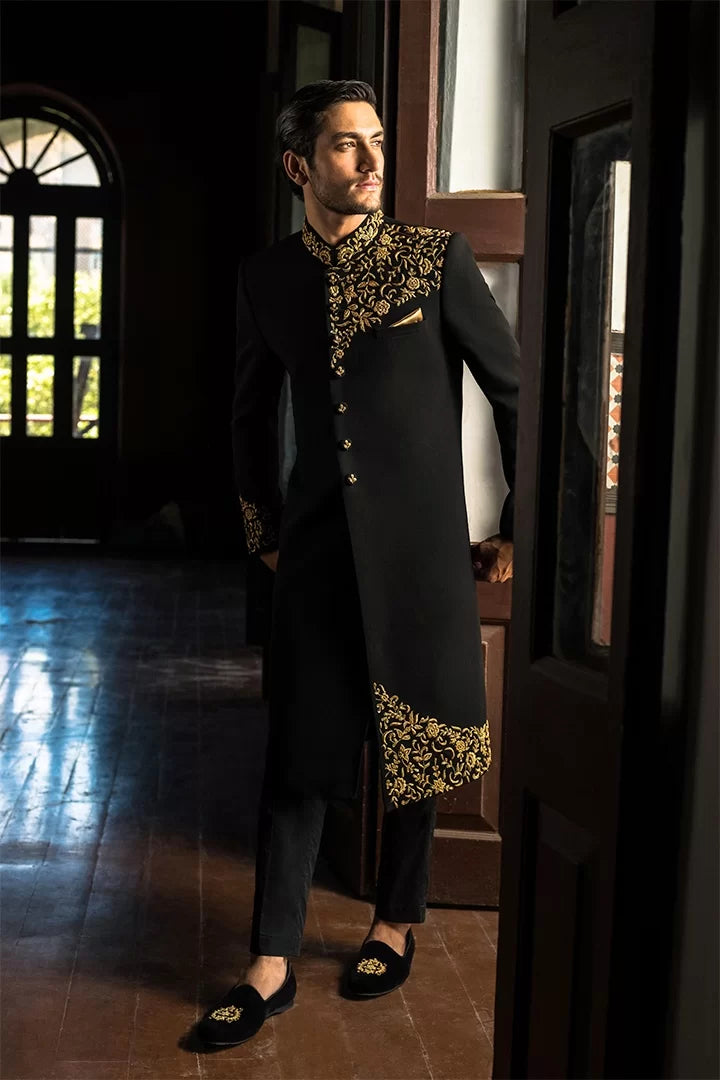 Black Gold Embroidered Armani Sherwani (2-Piece) - Image 4