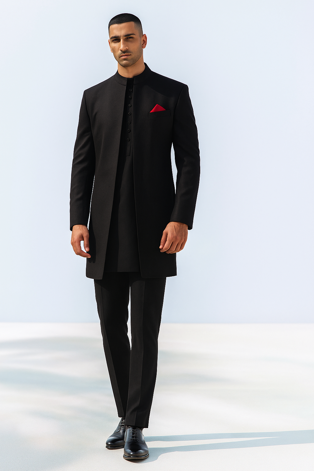 Black Armani Fabric Achkan Sherwani (3-Piece) - Image 2