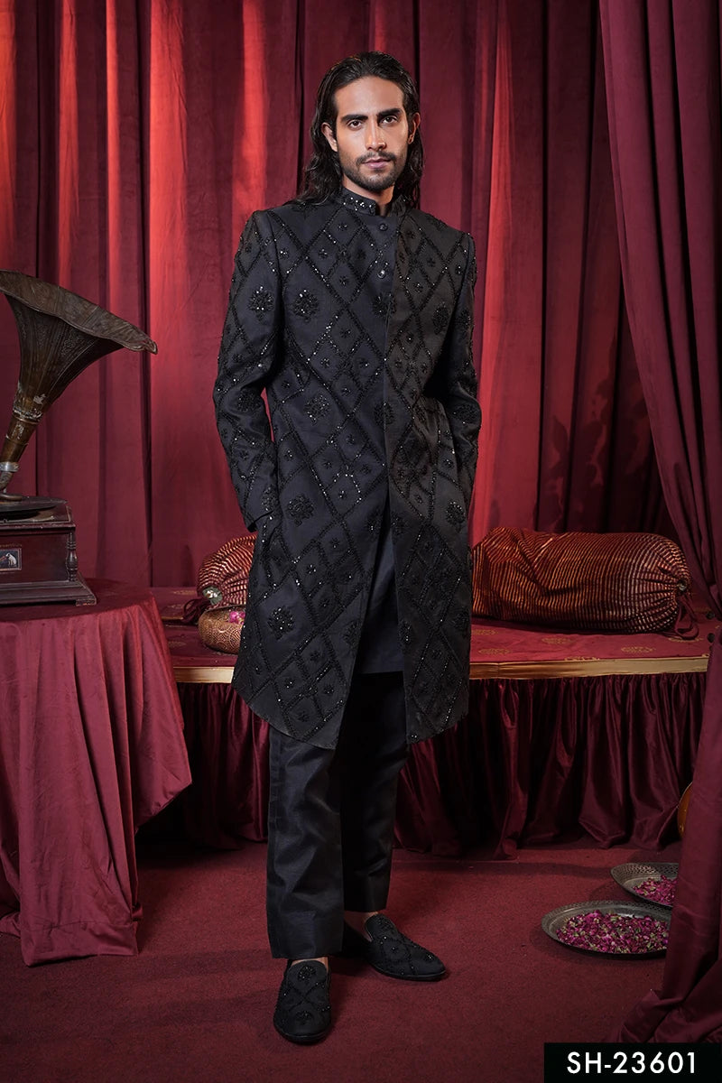 Black Embroidered Baar Silk Achkan Sherwani (3-Piece) - Image 1