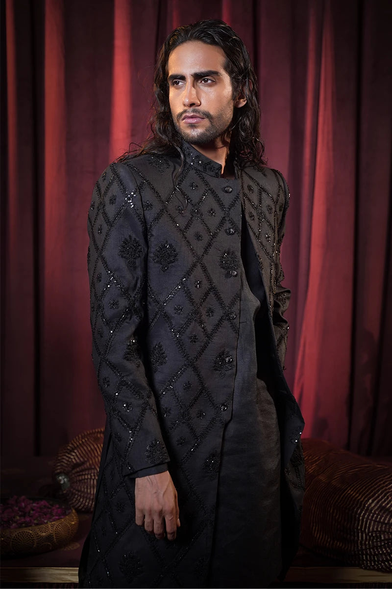 Black Embroidered Baar Silk Achkan Sherwani (3-Piece) - Image 2