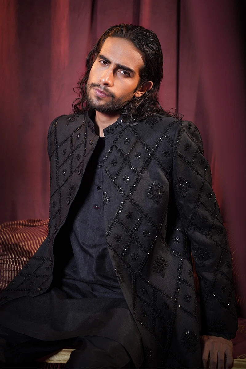 Black Embroidered Baar Silk Achkan Sherwani (3-Piece) - Image 3