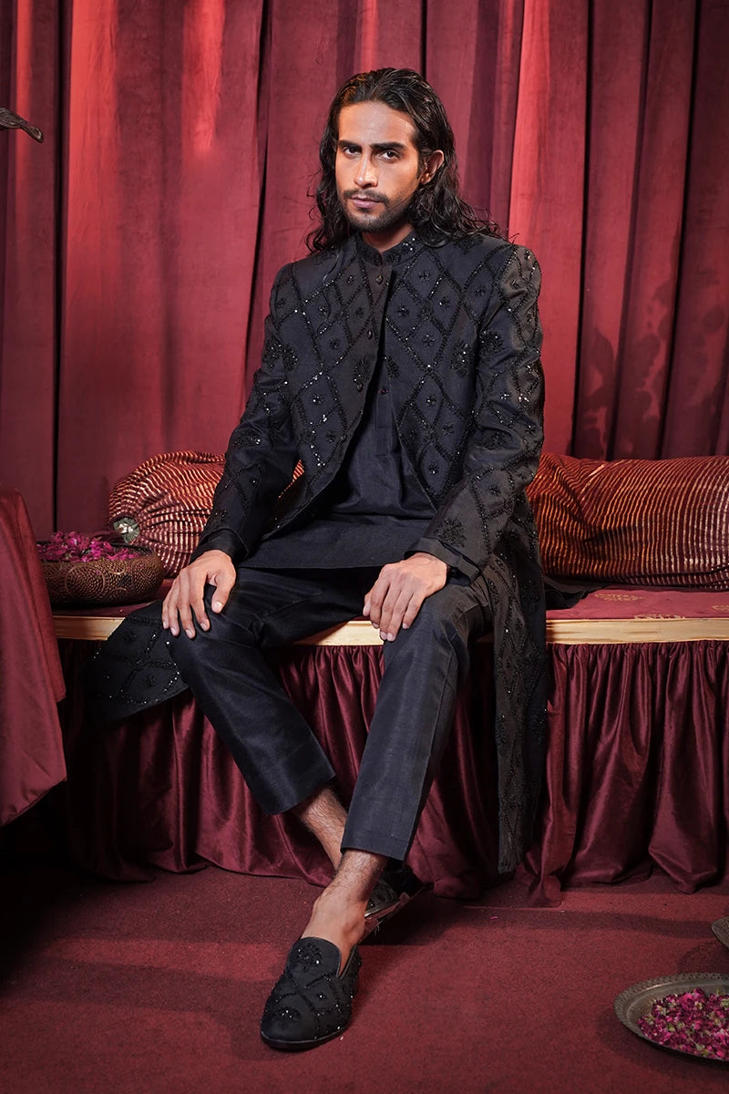 Black Embroidered Baar Silk Achkan Sherwani (3-Piece) - Image 4