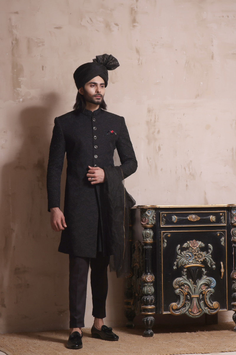 Black Hand-Embroidered Borshia Sherwani (3-Piece) - Image 1