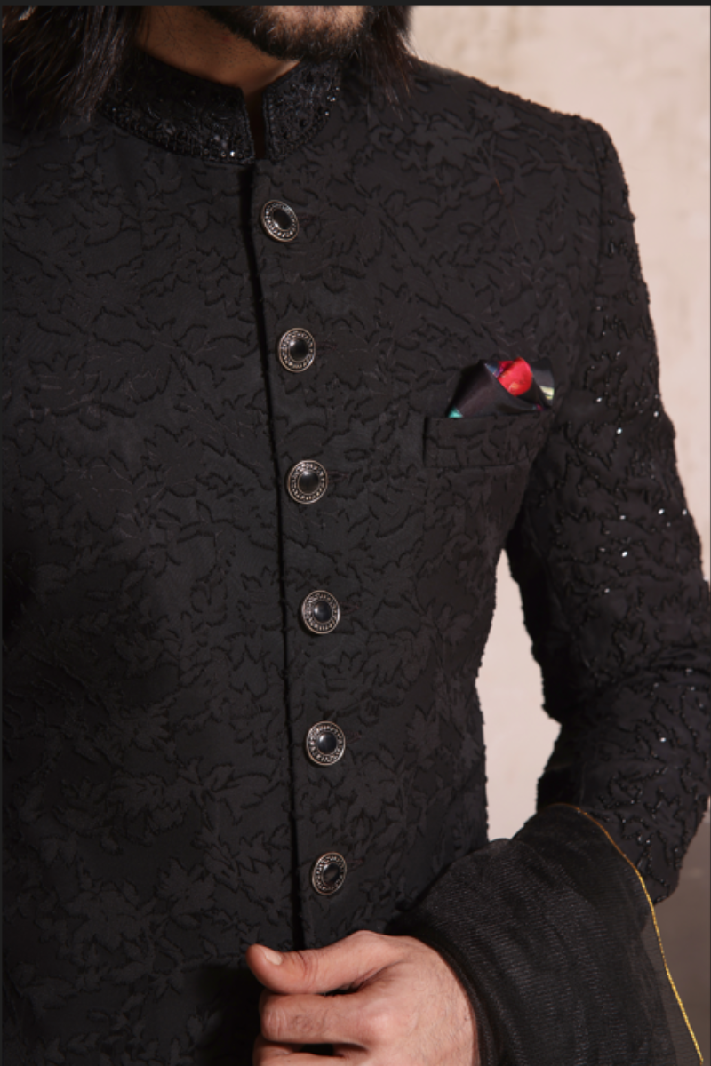 Black Hand-Embroidered Borshia Sherwani (3-Piece) - Image 2