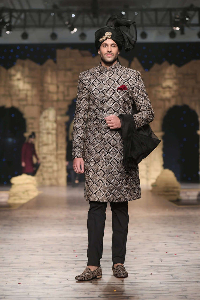 Black and Gold Brocade Achkan Sherwani (3-Piece) - Image 1