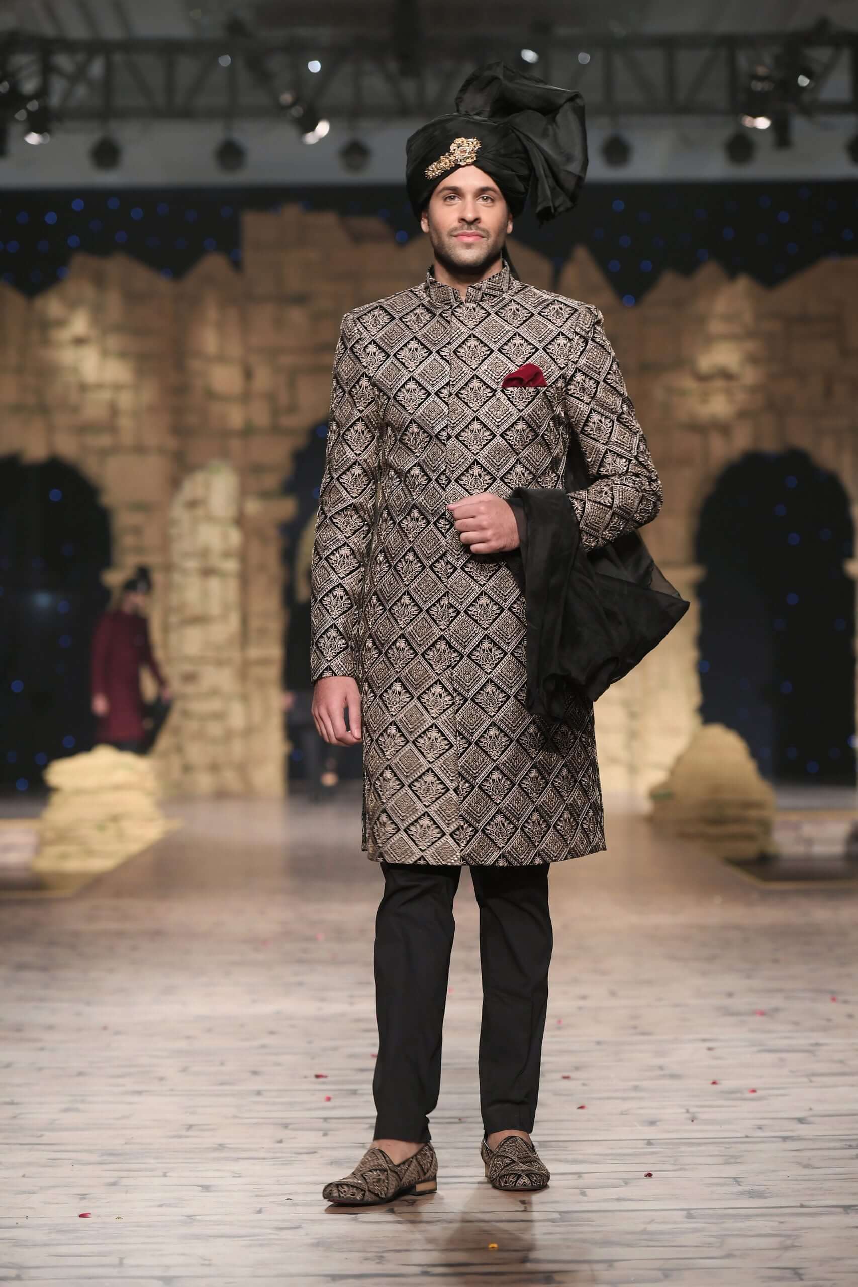 Black and Gold Brocade Achkan Sherwani (3-Piece) - Image 2