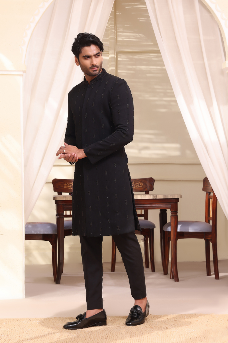 Black Striped Chiffon Sherwani with Hand Embroidery (2-Piece) - Image 1