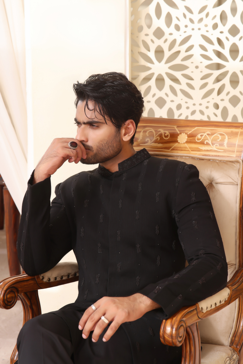 Black Striped Chiffon Sherwani with Hand Embroidery (2-Piece) - Image 2