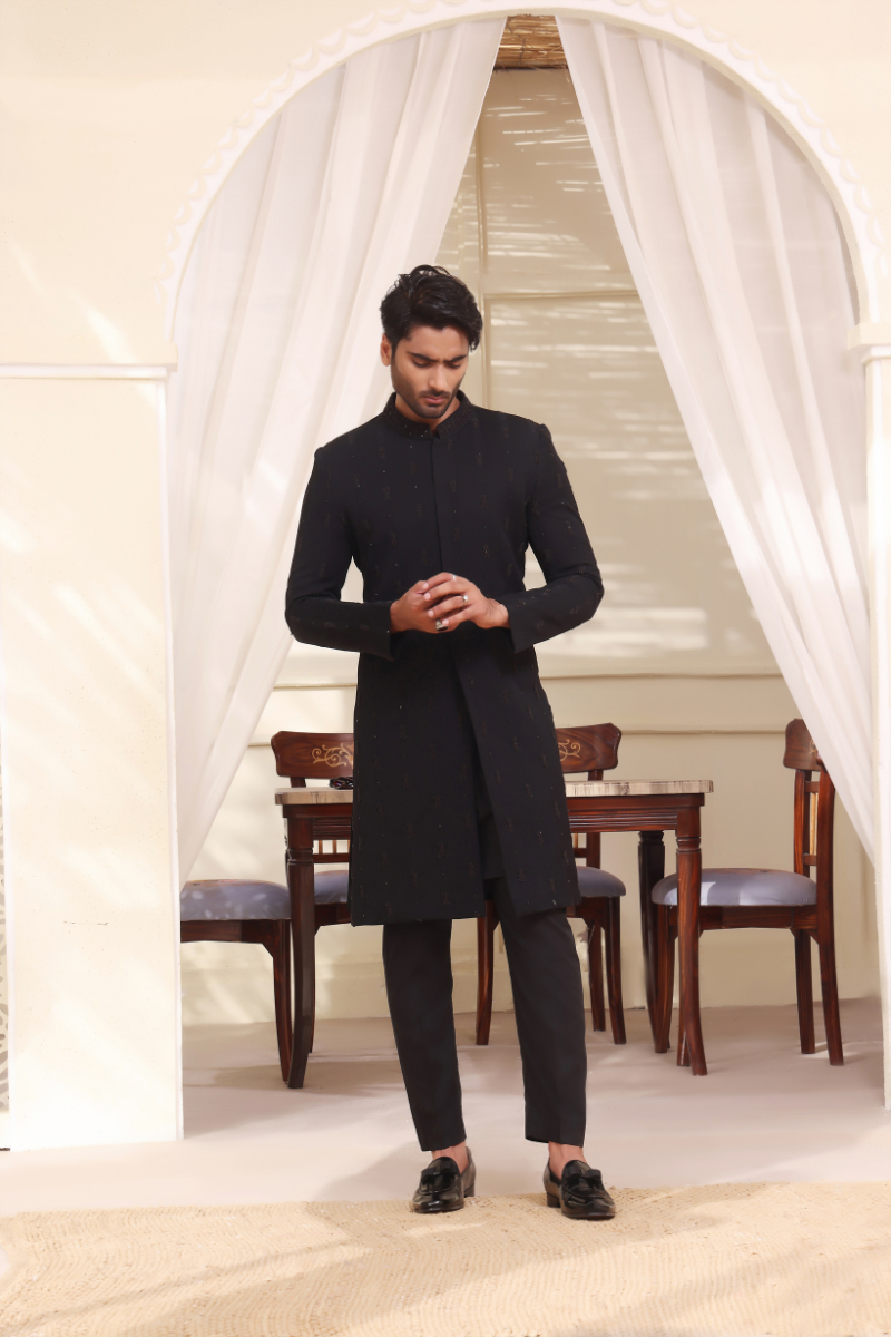 Black Striped Chiffon Sherwani with Hand Embroidery (2-Piece) - Image 3