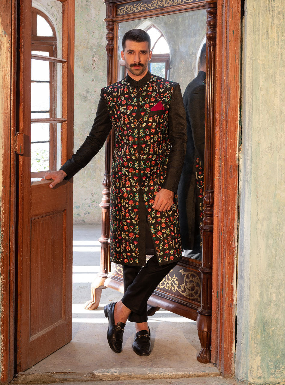 Black Embroidered Cotton Jacquard Sherwani (3-Piece) - Image 1