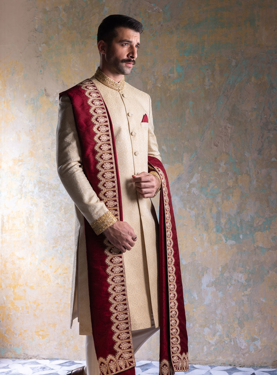 Black Embroidered Cotton Jacquard Sherwani (3-Piece) - Image 11