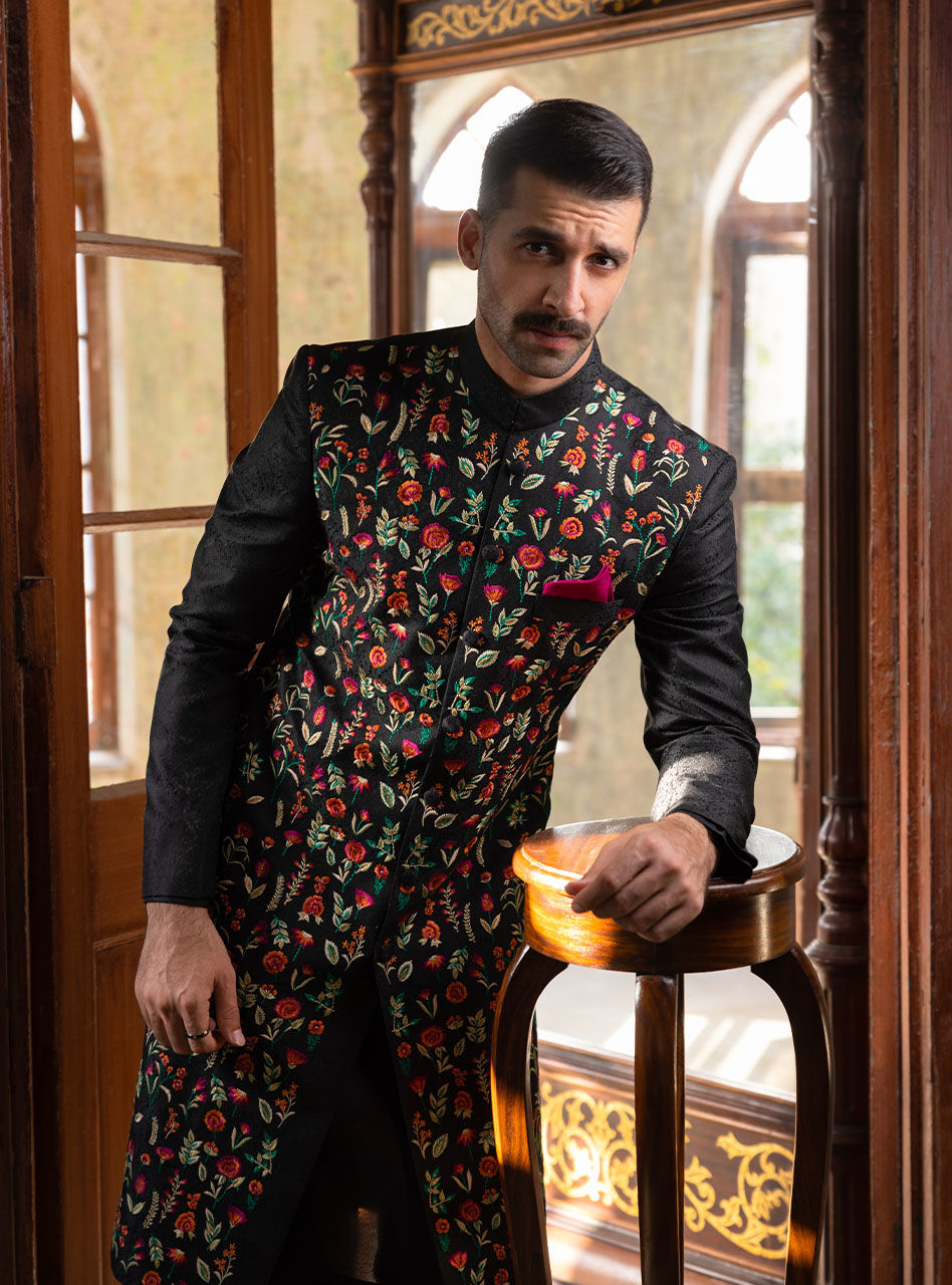 Black Embroidered Cotton Jacquard Sherwani (3-Piece) - Image 2
