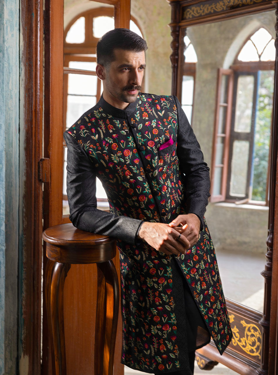 Black Embroidered Cotton Jacquard Sherwani (3-Piece) - Image 3