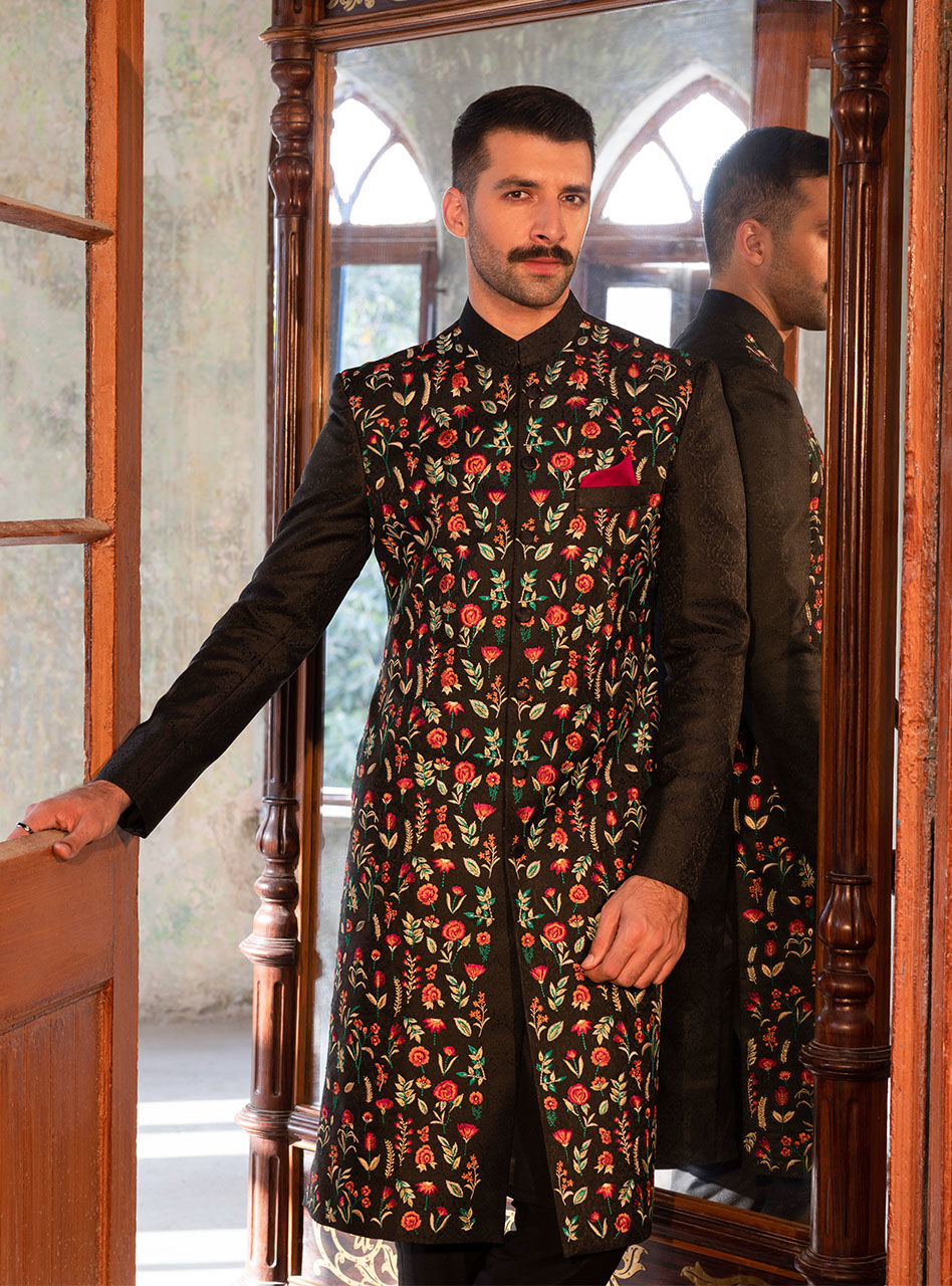 Black Embroidered Cotton Jacquard Sherwani (3-Piece) - Image 4