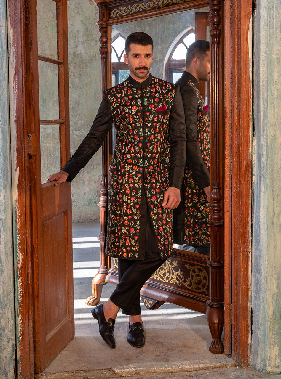 Black Embroidered Cotton Jacquard Sherwani (3-Piece) - Image 6