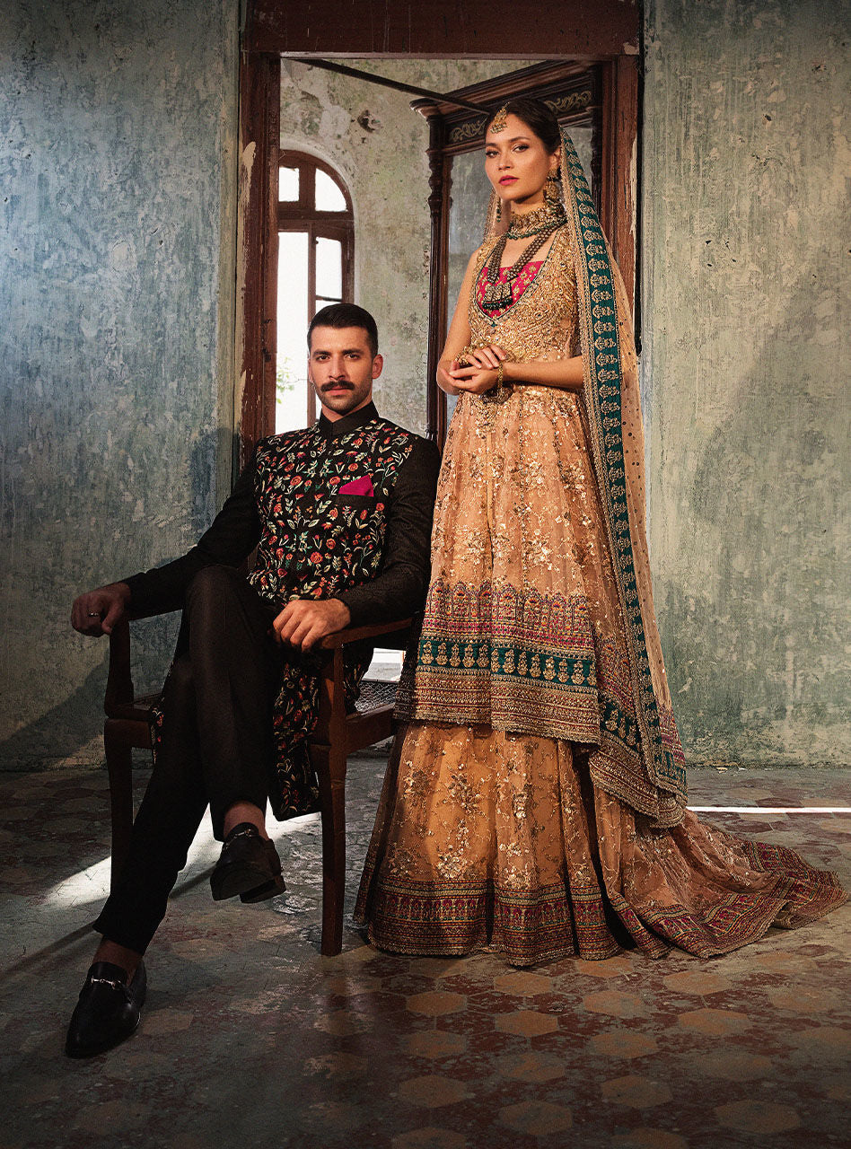 Black Embroidered Cotton Jacquard Sherwani (3-Piece) - Image 8