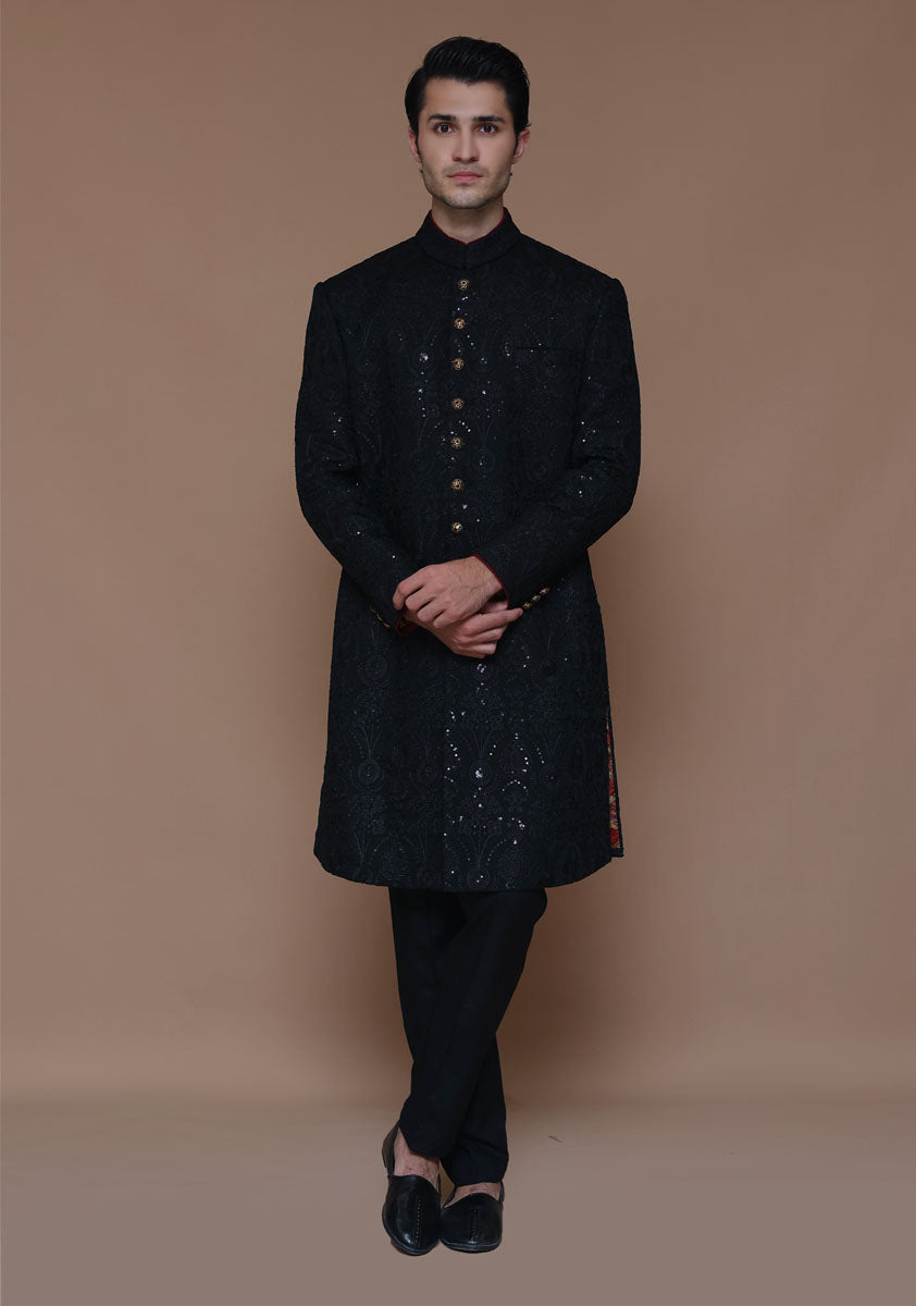 Black Embroidered Cotton Net Sherwani (2-Piece) - Image 1
