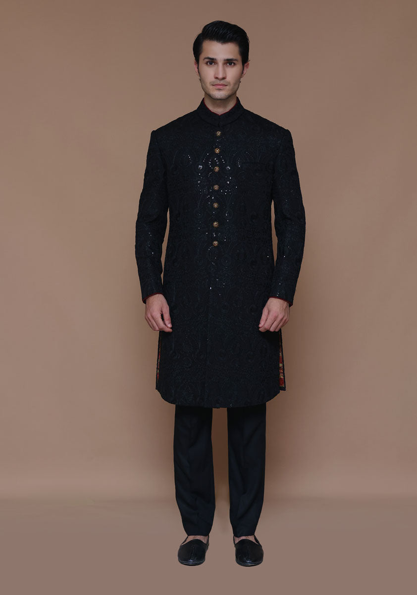 Black Embroidered Cotton Net Sherwani (2-Piece) - Image 2