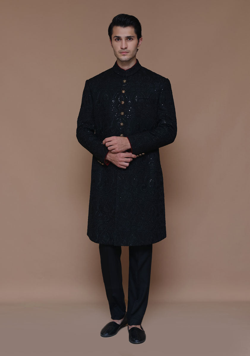 Black Embroidered Cotton Net Sherwani (2-Piece) - Image 3